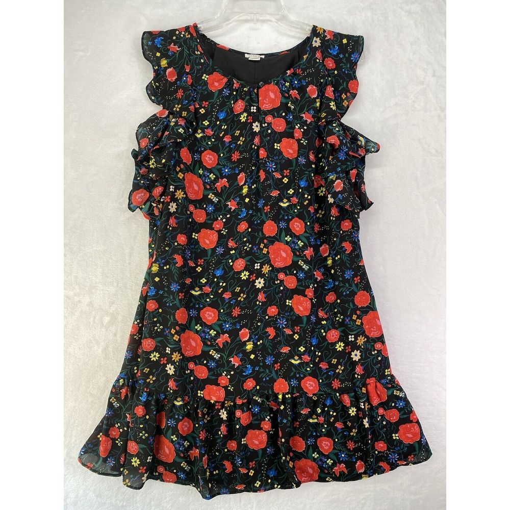 J.Crew Factory Size S Printed Flutter Floral Shift Mini Dress Black Red